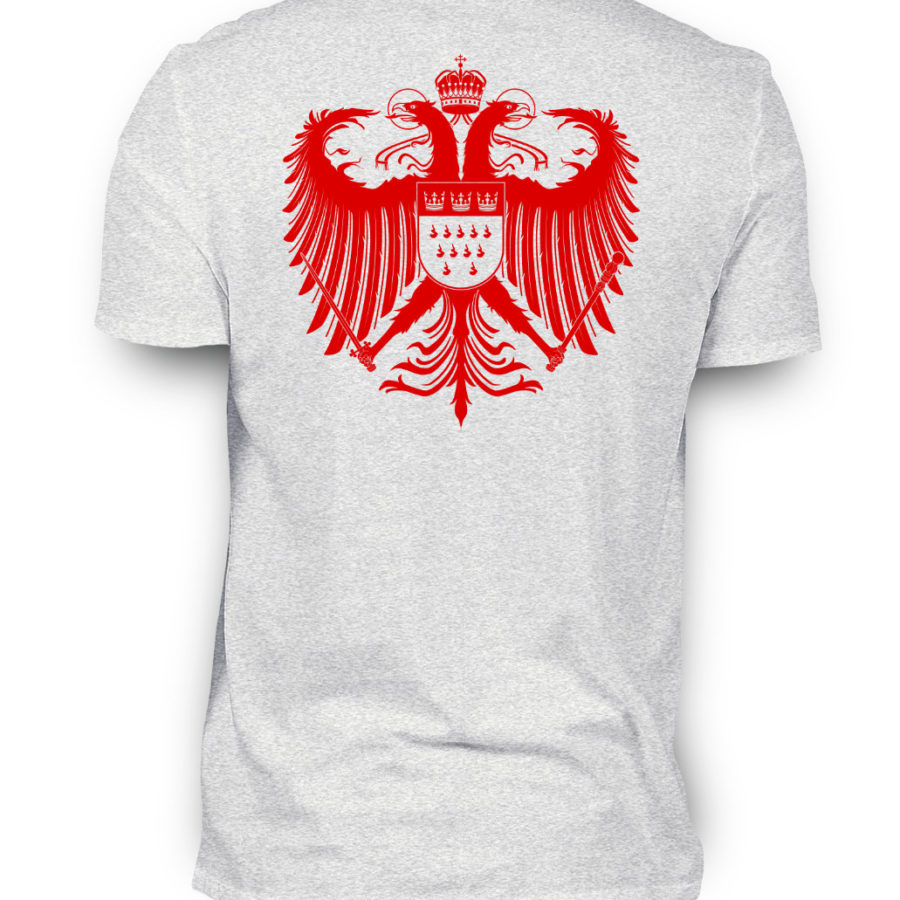Aschgrau-meliertes Shirt mit rotem Kölner Wappen auf Rückseite