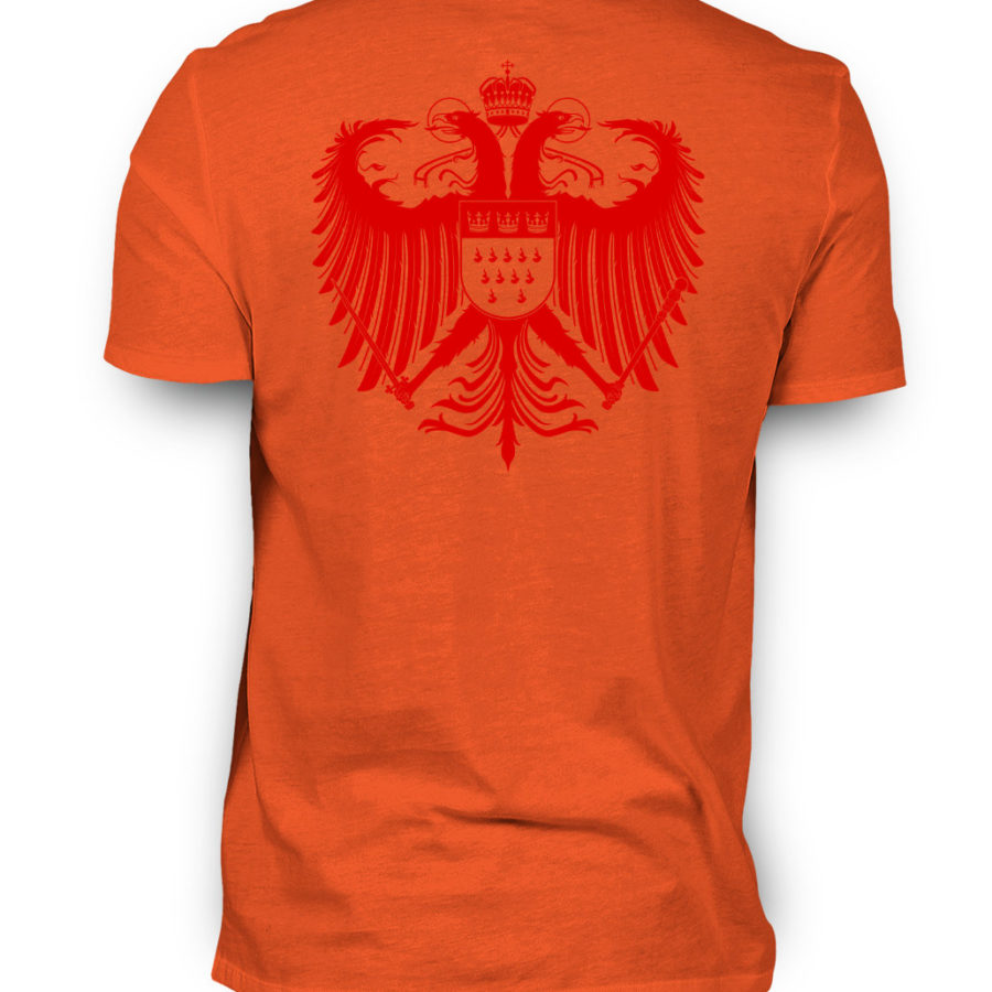 Dunkel-Oranges Shirt mit rotem Kölner Wappen auf Rückseite