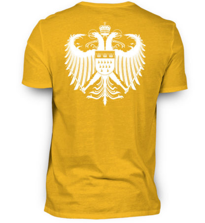 Goldgelbes Shirt mit weißem Kölner Wappen auf Rückseite