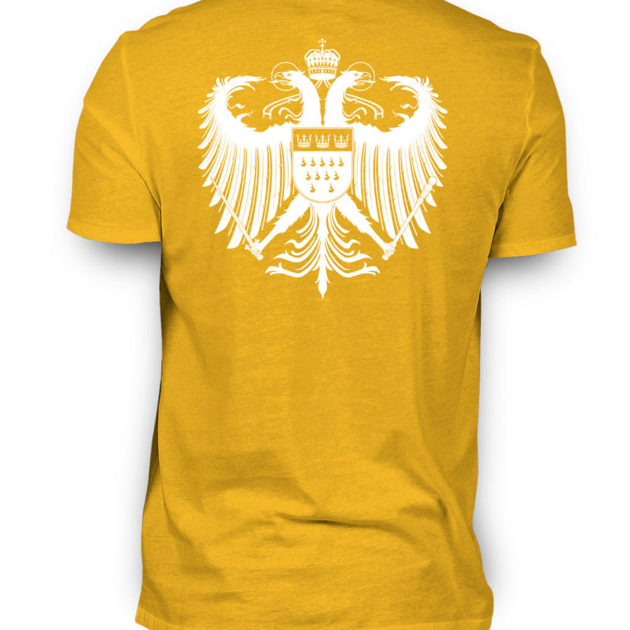 Goldgelbes Shirt mit weißem Kölner Wappen auf Rückseite