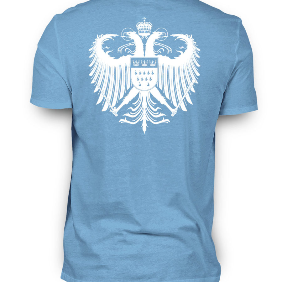 Himmelblaues Shirt mit weißem Kölner Wappen auf Rückseite