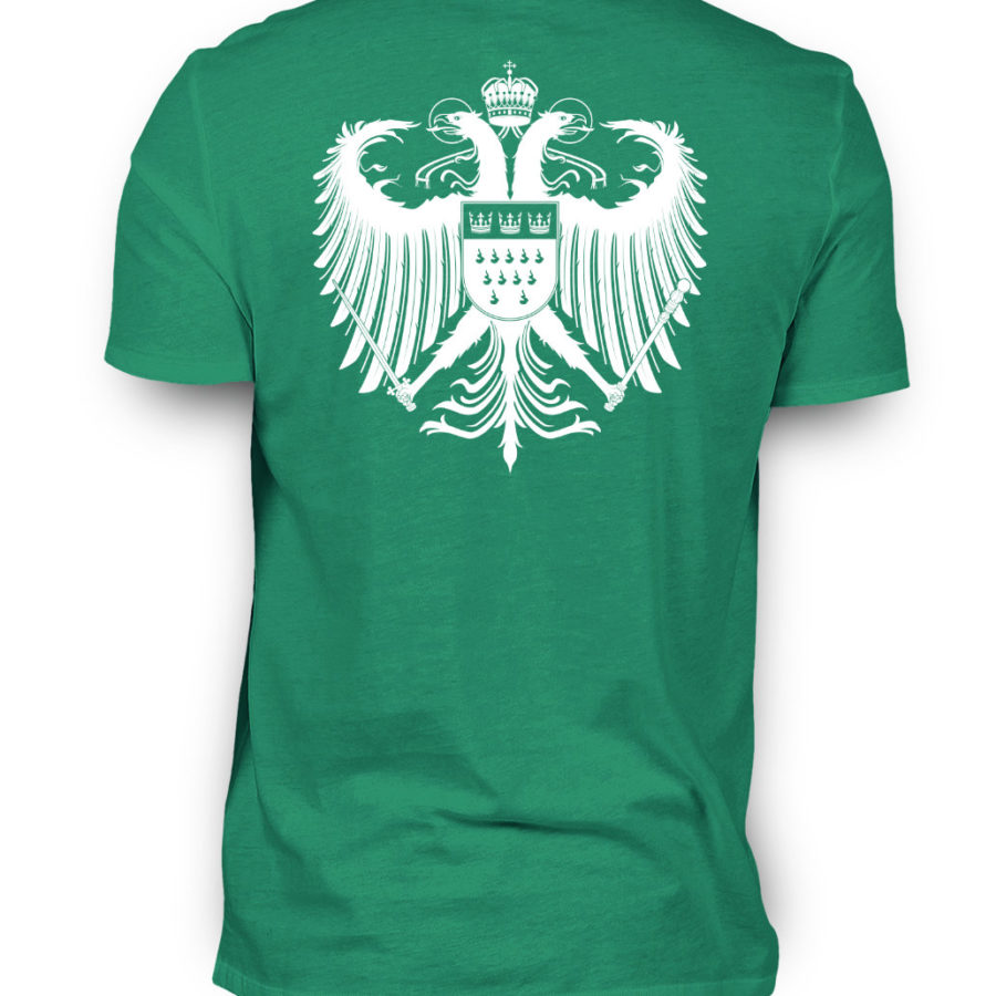 Irisch-grünes Shirt mit weißem Kölner Wappen auf Rückseite