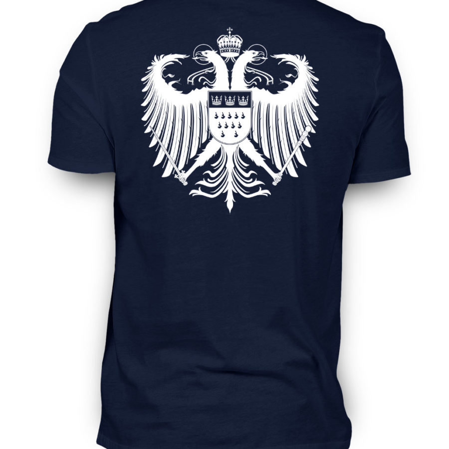 Navy-blaues Shirt mit weißem Kölner Wappen auf Rückseite