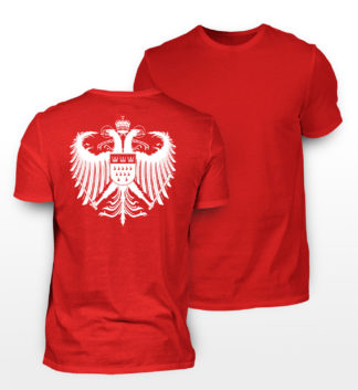 Rotes T-Shirt mit weißem Kölner Wappen auf Rückseite