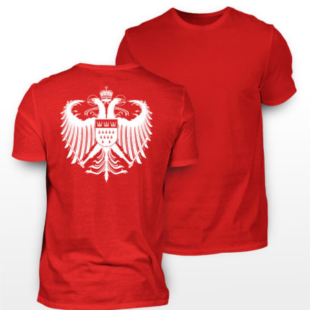 Rotes T-Shirt mit weißem Kölner Wappen auf Rückseite