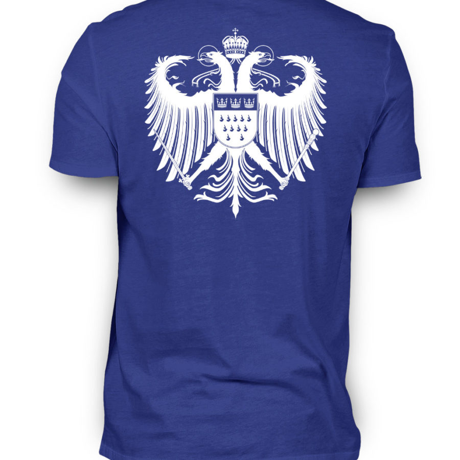 Royal-blaues Shirt mit weißem Kölner Wappen auf Rückseite