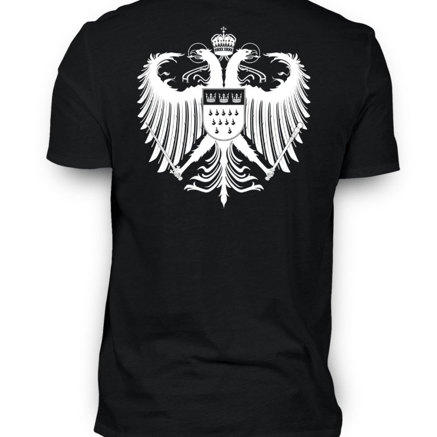 Schwarzes Shirt mit weißem Kölner Wappen auf Rückseite