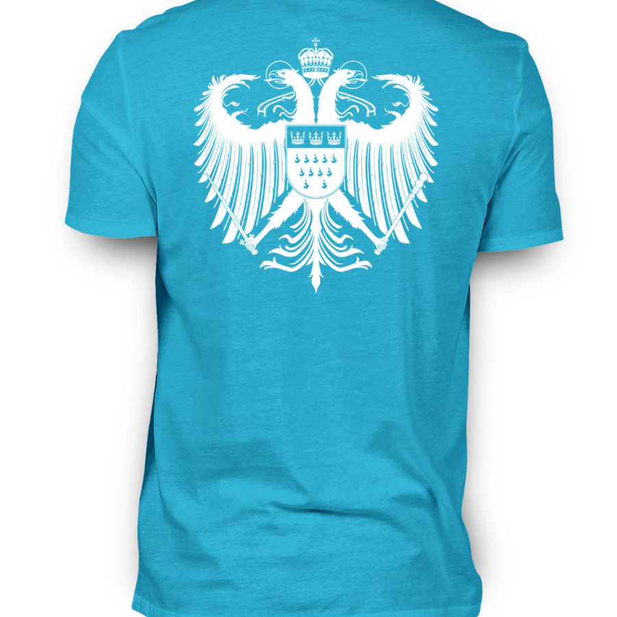 Turquoises Shirt mit weißem Kölner Wappen auf Rückseite