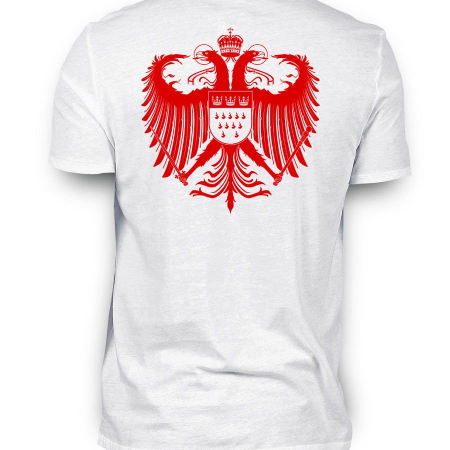 Weißes Shirt mit rotem Kölner Wappen auf Rückseite