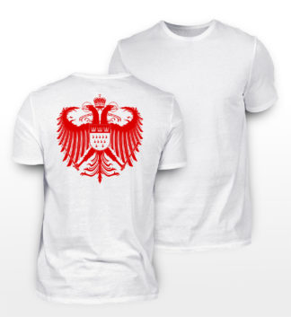 Weißes T-Shirt mit rotem Kölner Wappen auf Rückseite
