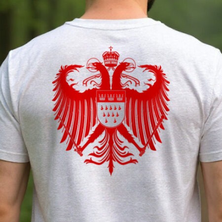 Ansicht des großen Kölner Wappens in Rot, groß auf dem Rücken des weißen Premium T-Shirts.