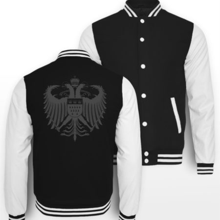 Schwarz-Weiße College-Sweatjacke mit großem Kölner Wappen in Dunkelgrau auf Rückseite bedruckt.