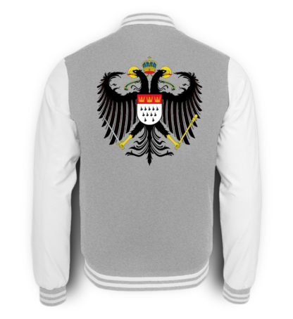 Bild zeigt Rückseite der grau-meliert-weißen College-Sweatjacke mit großem Kölner Wappen mittig auf oberer Hälfte (Kreuz) gedruckt.