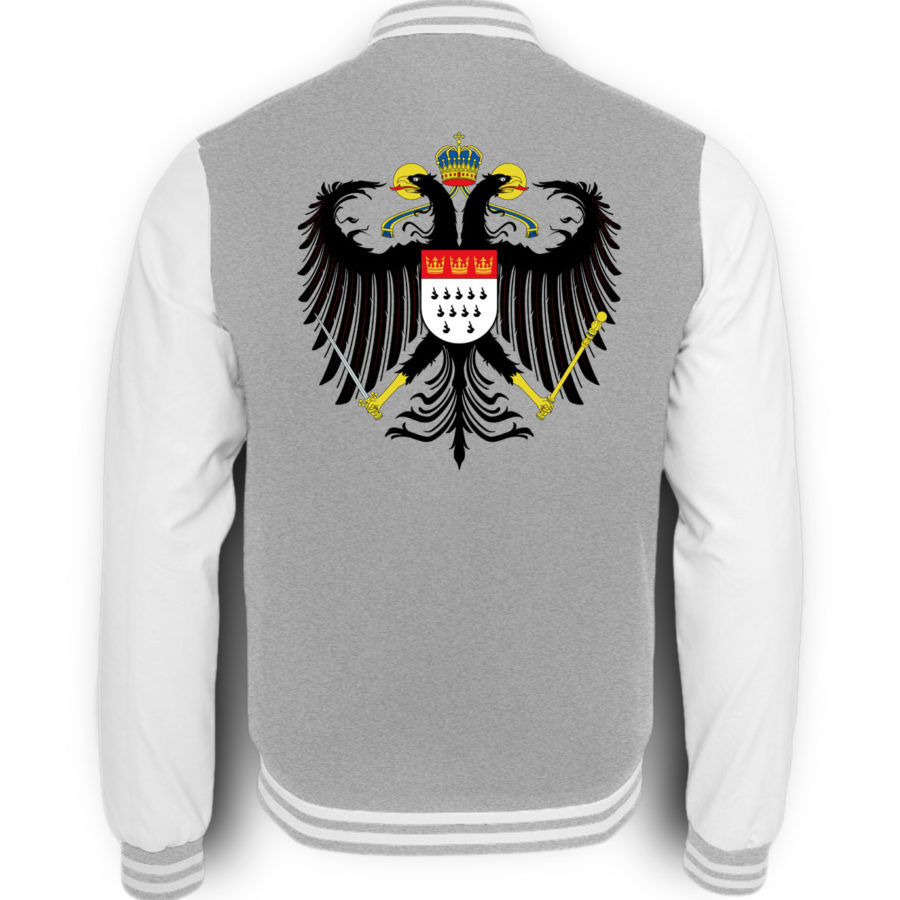Bild zeigt Rückseite der grau-meliert-weißen College-Sweatjacke mit großem Kölner Wappen mittig auf oberer Hälfte (Kreuz) gedruckt.