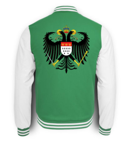 Bild zeigt Rückseite der grün-weißen College-Sweatjacke mit großem Kölner Wappen mittig auf oberer Hälfte (Kreuz) gedruckt.