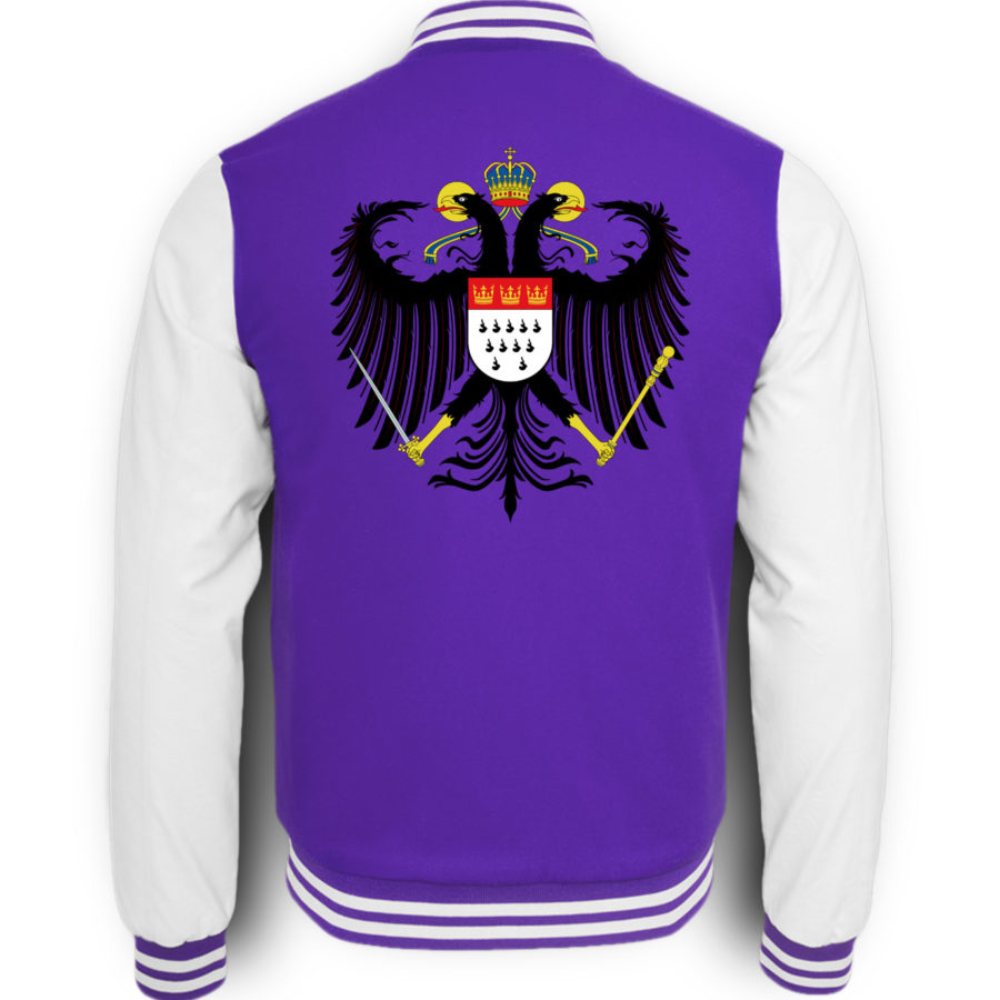 Bild zeigt Rückseite der lila-weißen College-Sweatjacke mit großem Kölner Wappen mittig auf oberer Hälfte (Kreuz) gedruckt.