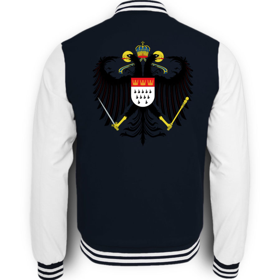 Bild zeigt Rückseite der dunkelblau-weißen College-Sweatjacke mit großem Kölner Wappen mittig auf oberer Hälfte (Kreuz) gedruckt.
