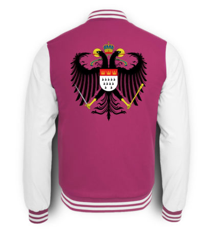 Bild zeigt Rückseite der pink-weißen College-Sweatjacke mit großem Kölner Wappen mittig auf oberer Hälfte (Kreuz) gedruckt.