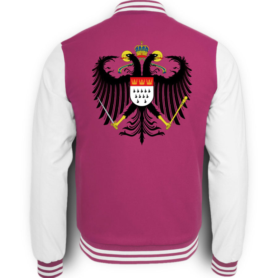 Bild zeigt Rückseite der pink-weißen College-Sweatjacke mit großem Kölner Wappen mittig auf oberer Hälfte (Kreuz) gedruckt.