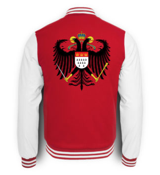 Bild zeigt Rückseite der rot-weißen College-Sweatjacke mit großem Kölner Wappen mittig auf oberer Hälfte (Kreuz) gedruckt.