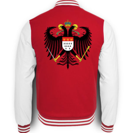 Bild zeigt Rückseite der rot-weißen College-Sweatjacke mit großem Kölner Wappen mittig auf oberer Hälfte (Kreuz) gedruckt.