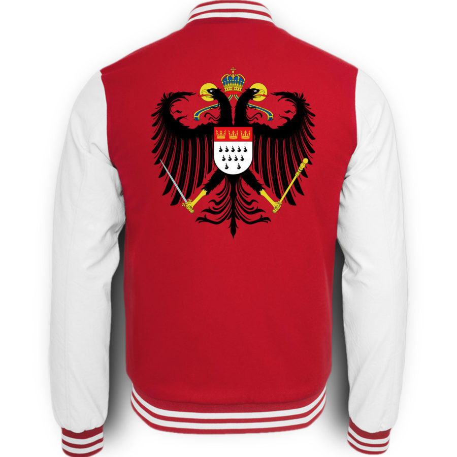 Bild zeigt Rückseite der rot-weißen College-Sweatjacke mit großem Kölner Wappen mittig auf oberer Hälfte (Kreuz) gedruckt.