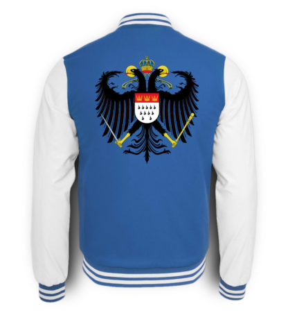 Bild zeigt Rückseite der blau-weißen College-Sweatjacke mit großem Kölner Wappen mittig auf oberer Hälfte (Kreuz) gedruckt.