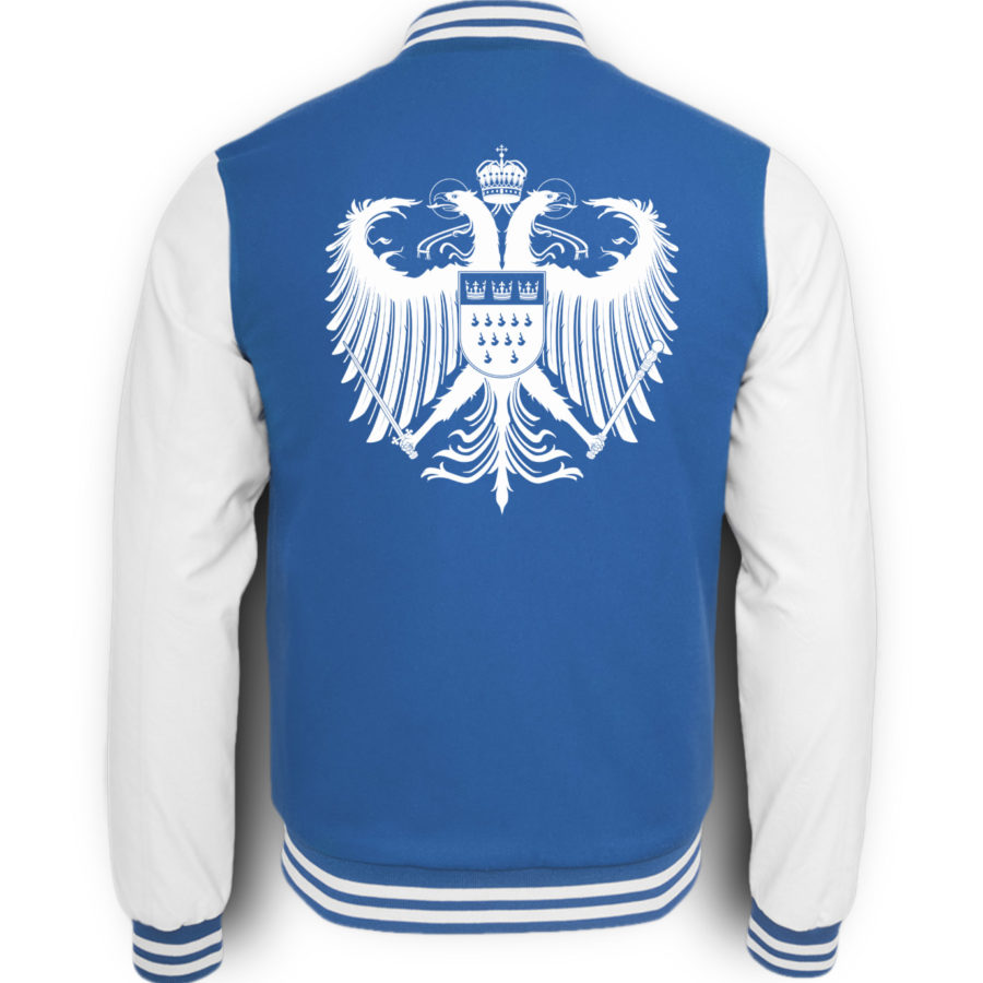 Bild zeigt Rückseite der blau-weißen College-Sweatjacke mit großem weißen Kölner Wappen mittig auf oberer Hälfte (Kreuz) gedruckt.