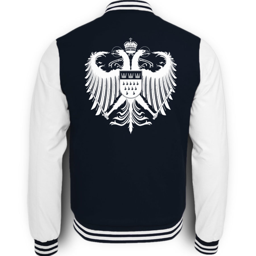 Bild zeigt Rückseite der dunkelblau-weißen College-Sweatjacke mit großem weißen Kölner Wappen mittig auf oberer Hälfte (Kreuz) gedruckt.