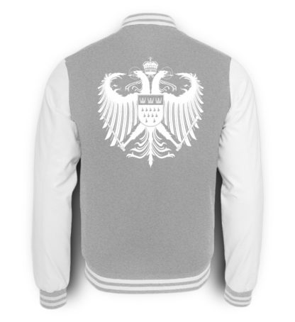 Bild zeigt Rückseite der grau-meliert-weißen College-Sweatjacke mit großem weißen Kölner Wappen mittig auf oberer Hälfte (Kreuz) gedruckt.