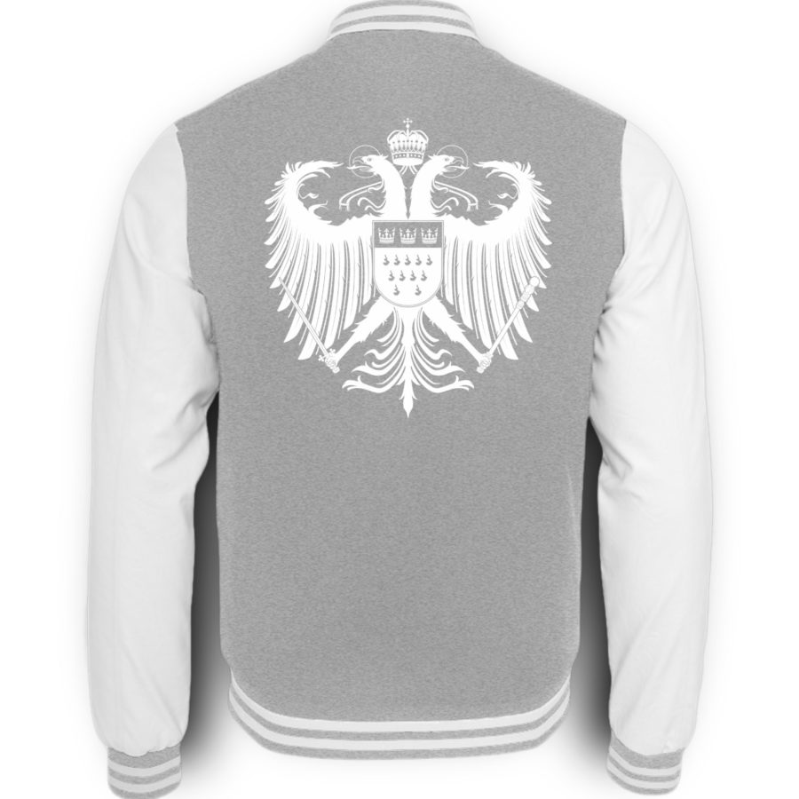 Bild zeigt Rückseite der grau-meliert-weißen College-Sweatjacke mit großem weißen Kölner Wappen mittig auf oberer Hälfte (Kreuz) gedruckt.