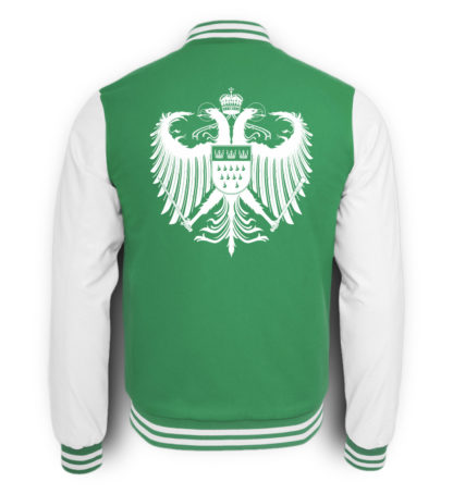 Bild zeigt Rückseite der grün-weißen College-Sweatjacke mit großem weißen Kölner Wappen mittig auf oberer Hälfte (Kreuz) gedruckt.