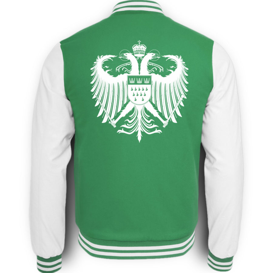 Bild zeigt Rückseite der grün-weißen College-Sweatjacke mit großem weißen Kölner Wappen mittig auf oberer Hälfte (Kreuz) gedruckt.