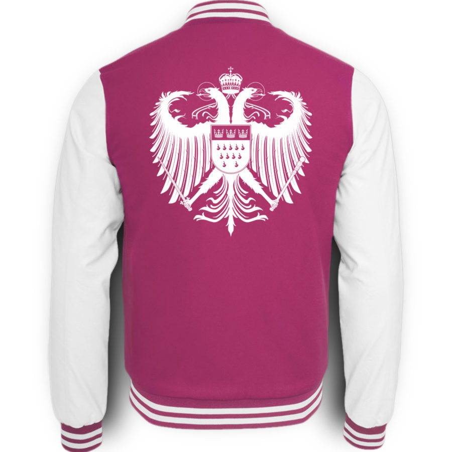 Bild zeigt Rückseite der pink-weißen College-Sweatjacke mit großem weißen Kölner Wappen mittig auf oberer Hälfte (Kreuz) gedruckt.