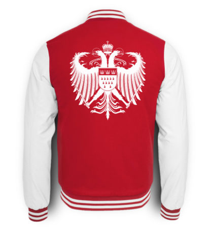 Bild zeigt Rückseite der rot-weißen College-Sweatjacke mit großem weißen Kölner Wappen mittig auf oberer Hälfte (Kreuz) gedruckt.