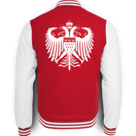 Bild zeigt Rückseite der rot-weißen College-Sweatjacke mit großem weißen Kölner Wappen mittig auf oberer Hälfte (Kreuz) gedruckt.